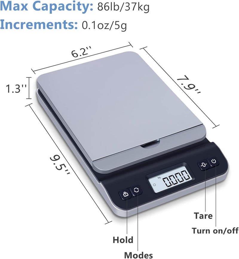 QP Shipping Scale, 86lb/0.1oz High Accuracy Digital Postal Scale for Packages, Hold/Tare Function, Backlit LCD Display, Flip-up Holder, Postage Scale, Mail Scale, Battery & Tape Measure Included - Image 3